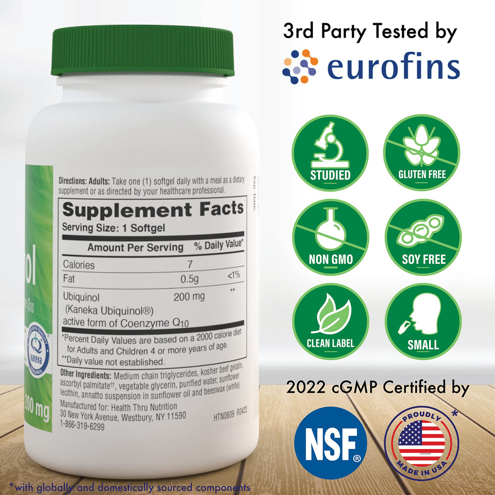 Close-up of Health Thru Nutrition Ubiquinol softgels for heart health