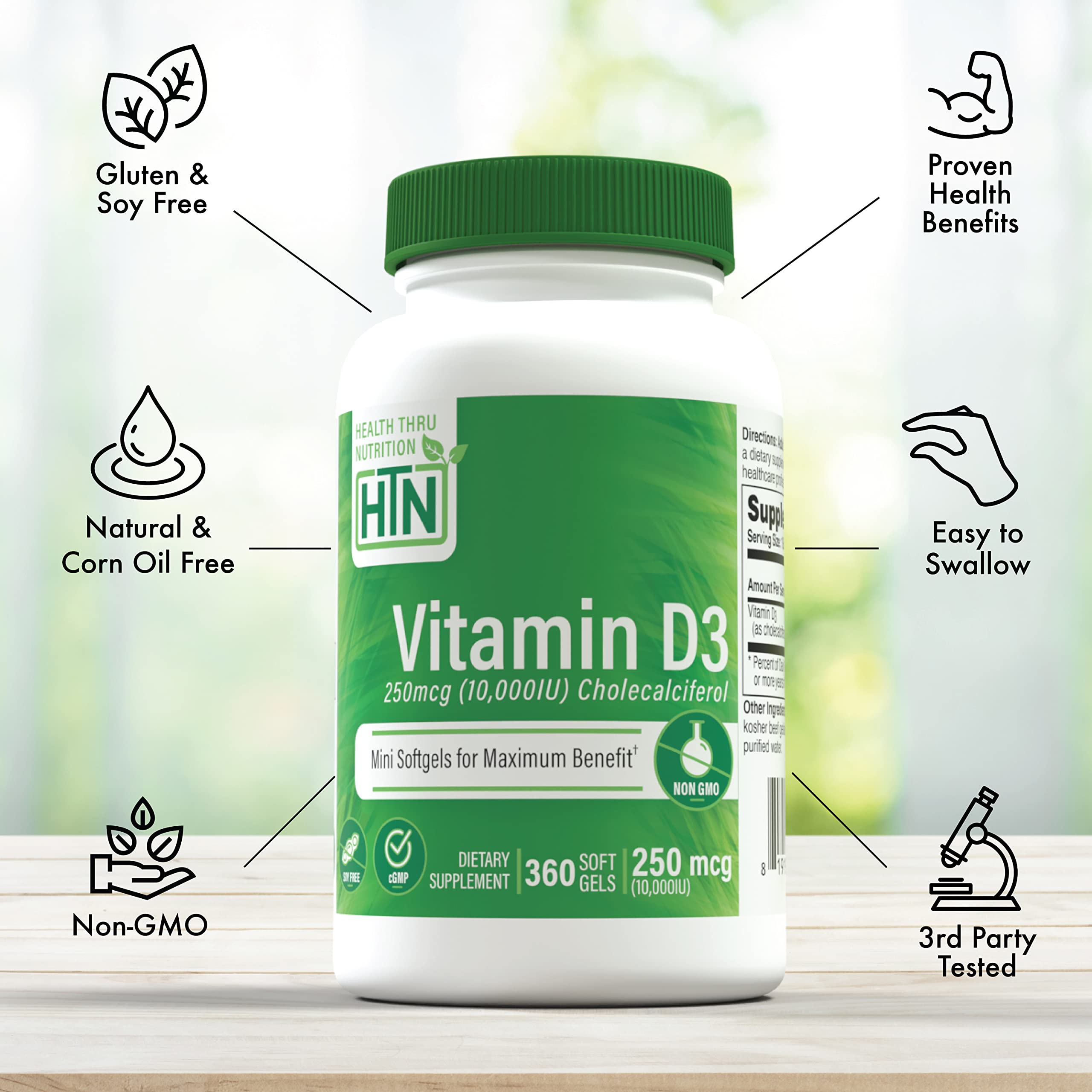Health Thru Nutrition Vitamin D3 label design emphasizes potency