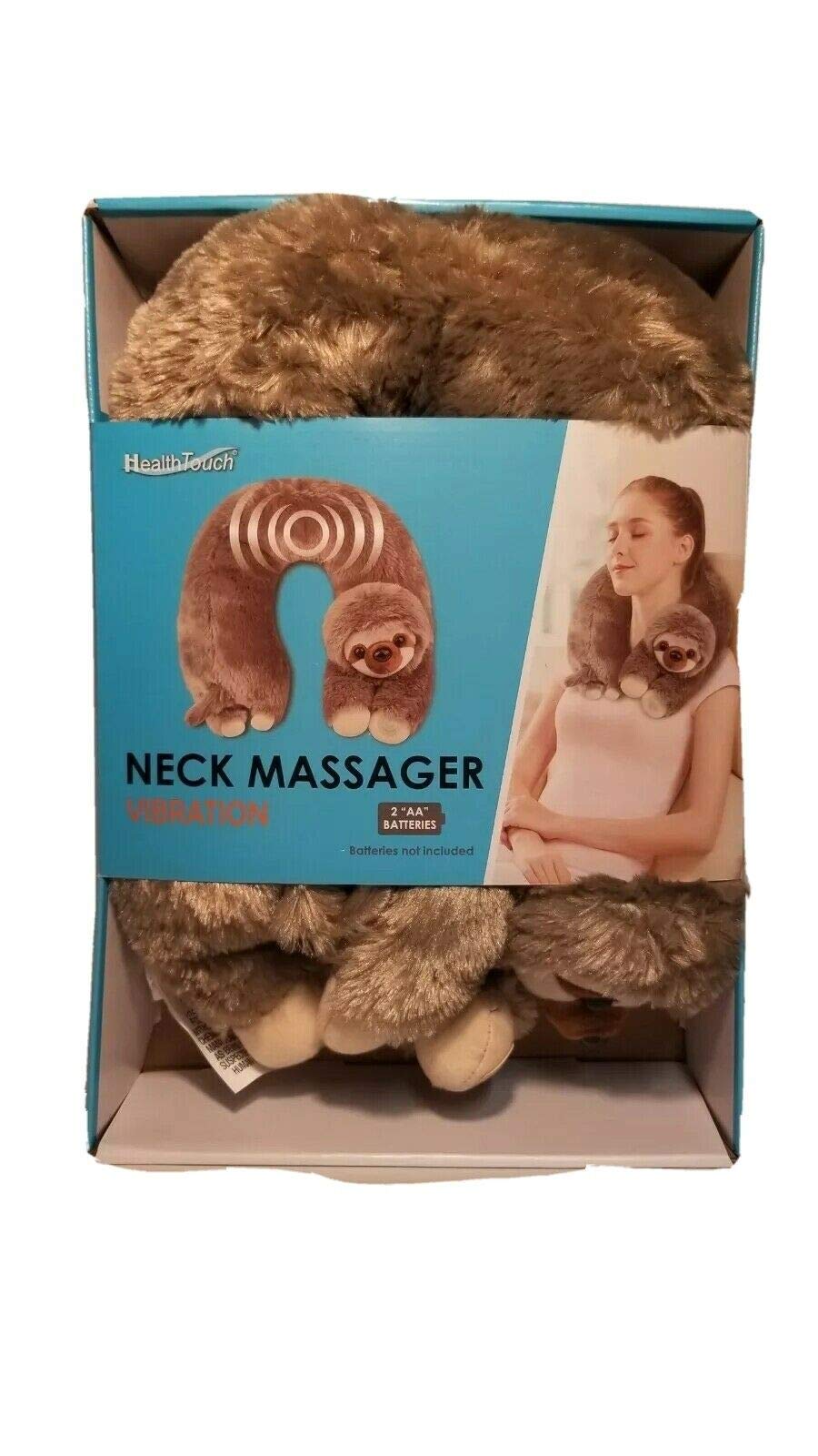 Health Touch neck massager sloth hug closeup showing soft fabric for neck relief
