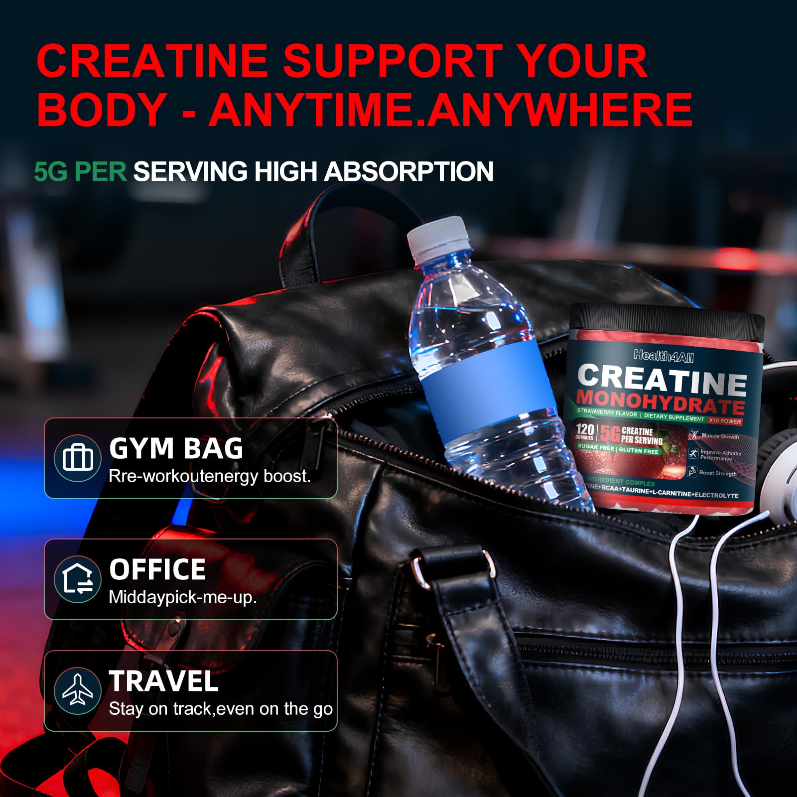 Health4All Creatine Gummies strawberry flavor close-up with tasty appearance