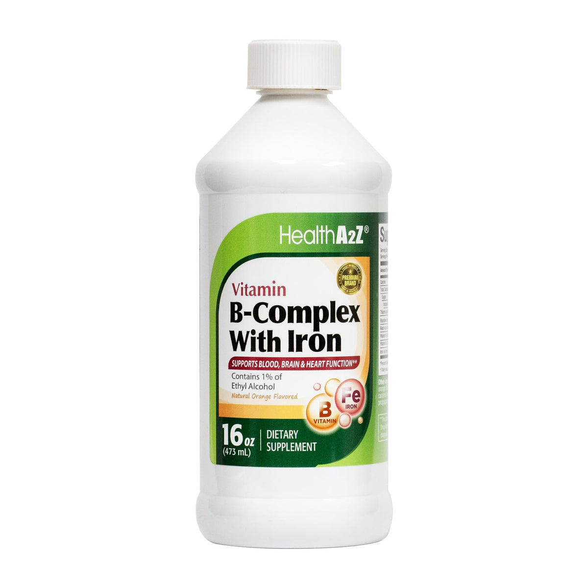 HealthA2Z Liquid B-Complex orange bottle being poured for daily energy support.