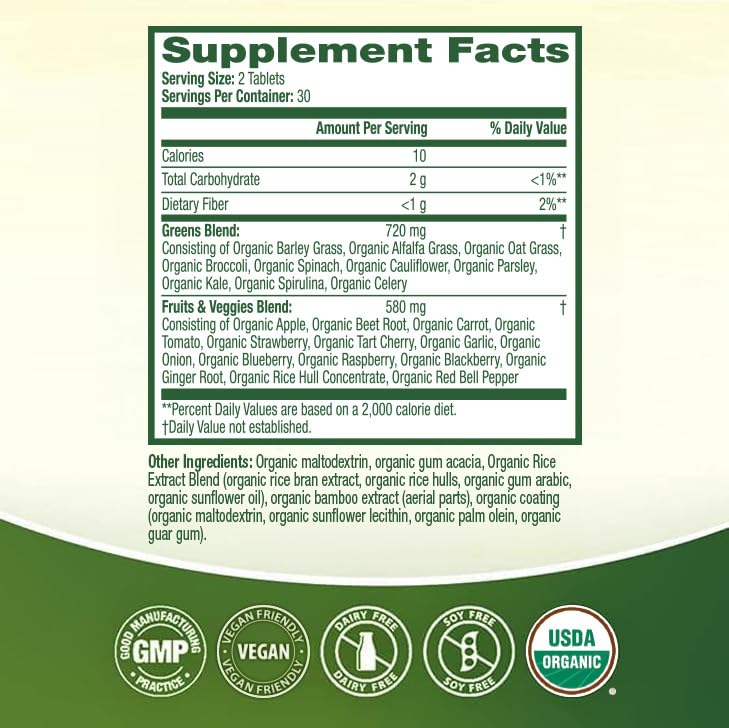 HealthA2Z Organic Superfood Greens tablets closeup supporting convenient on-the-go nutrition.