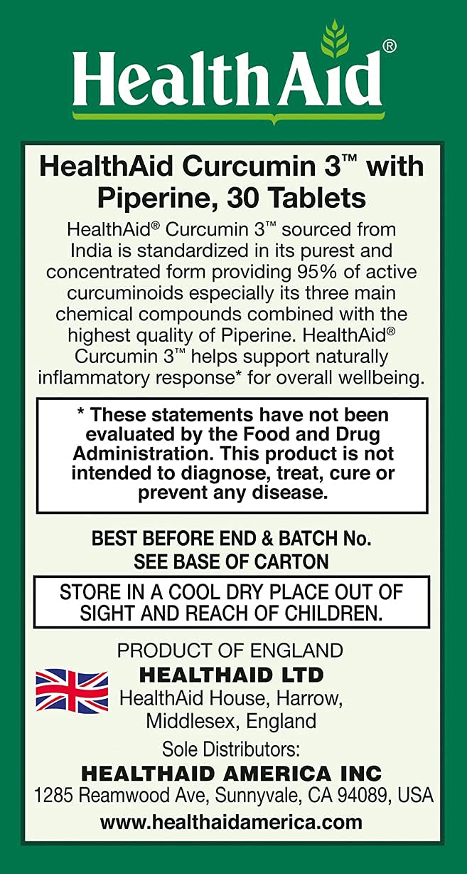 HealthAid Curcumin Complex bottle label highlights 600 mg curcuminoids with Bioperine for absorption.