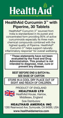 HealthAid Curcumin Complex bottle label highlights 600 mg curcuminoids with Bioperine for absorption.