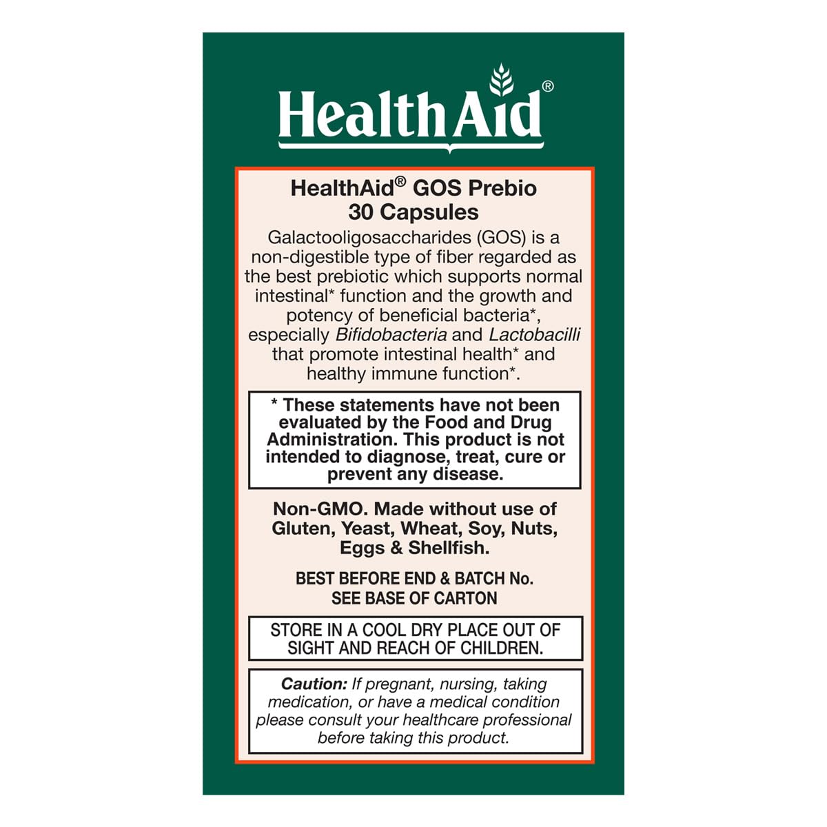 HealthAid GOSPrebio bottle label showcases non-GMO, allergen-free formula.