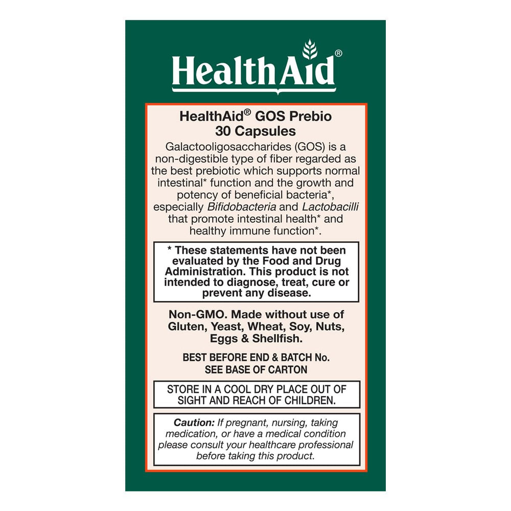 HealthAid GOSPrebio bottle label showcases non-GMO, allergen-free formula.