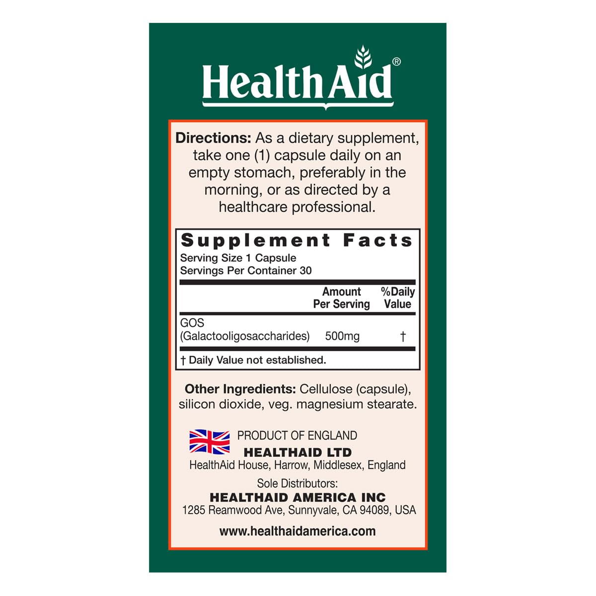 HealthAid GOSPrebio capsules close-up highlights convenient once-daily use.