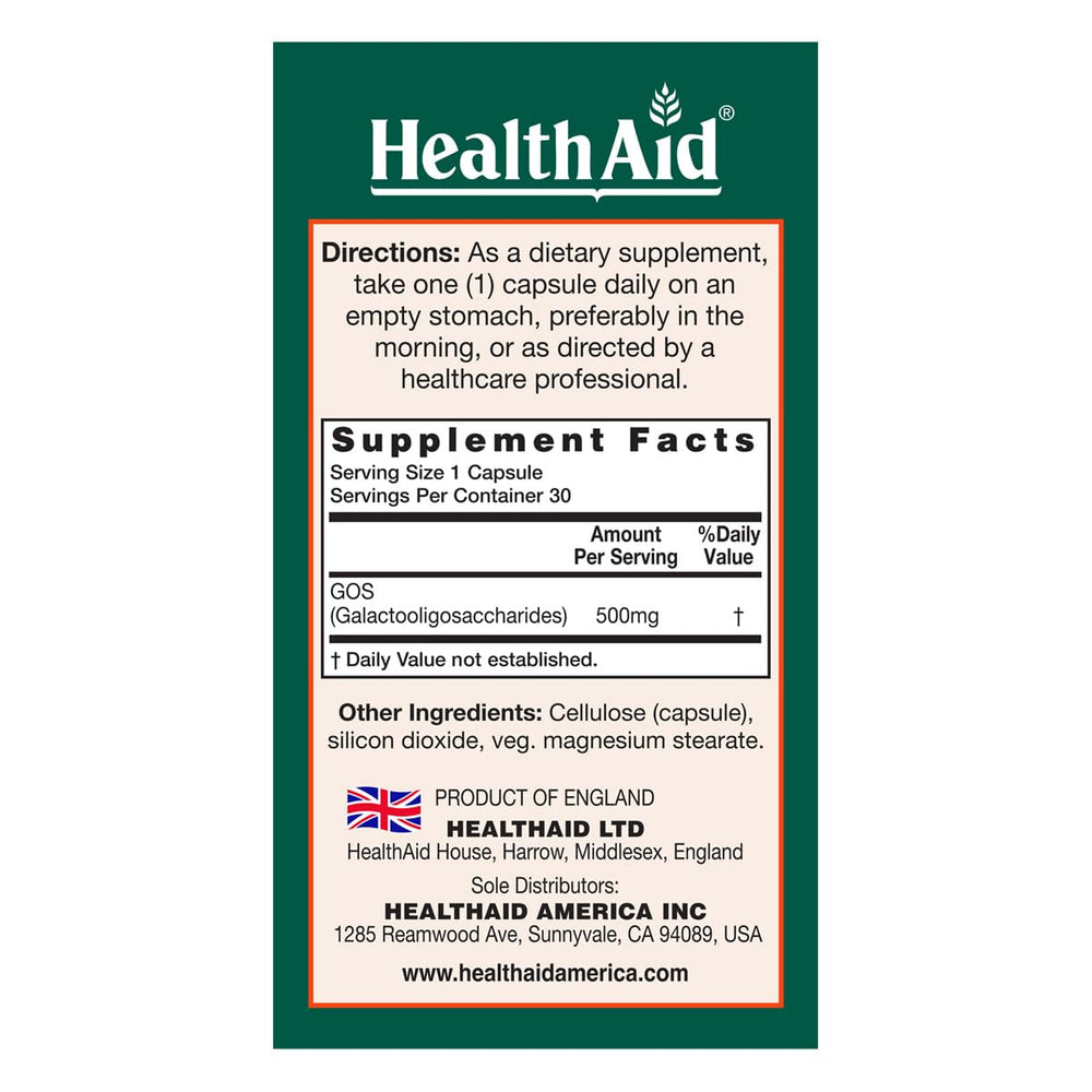 HealthAid GOSPrebio capsules close-up highlights convenient once-daily use.