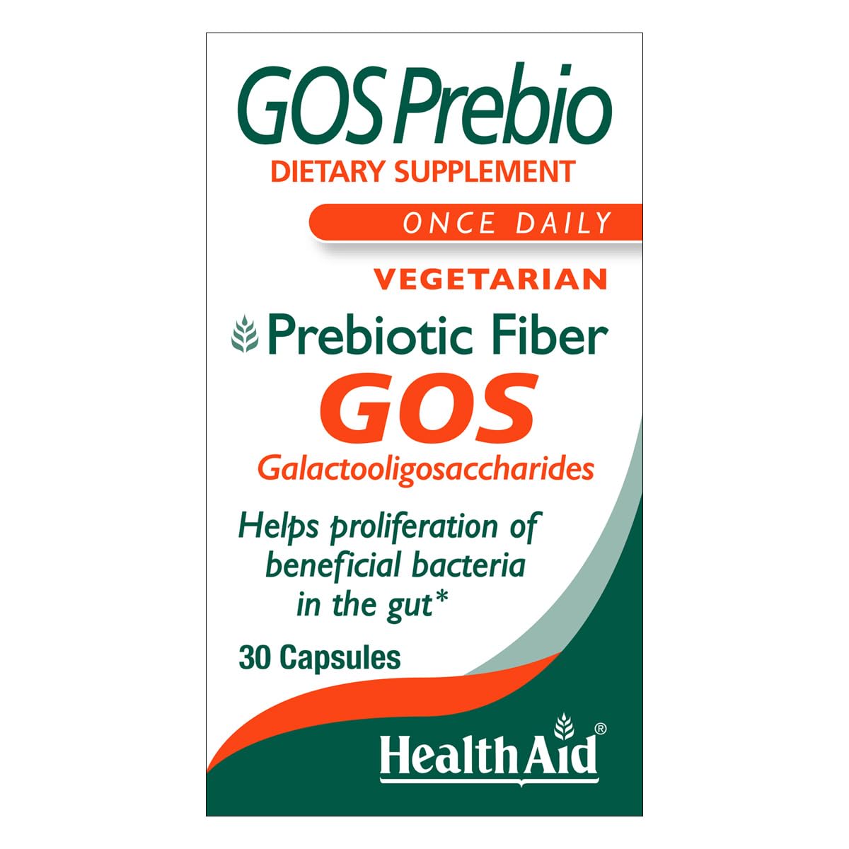 HealthAid GOSPrebio packaging box emphasizes England-made quality.