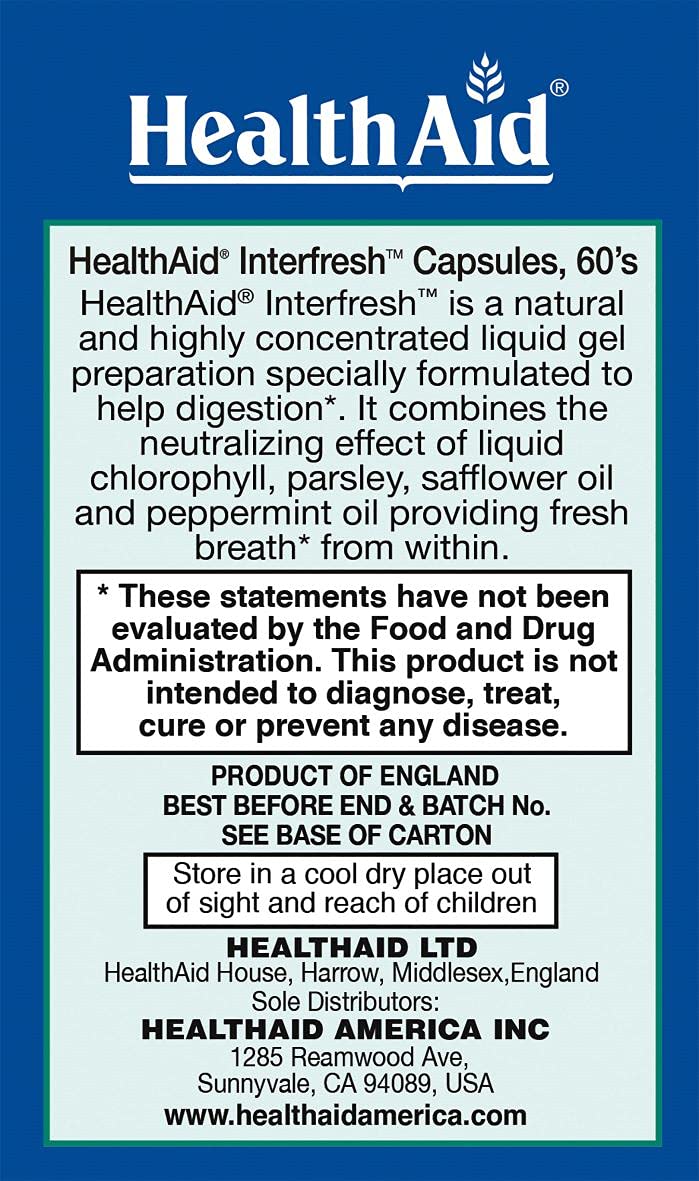 HealthAid Interfresh capsules are ready to swallow for digestion and breath support.