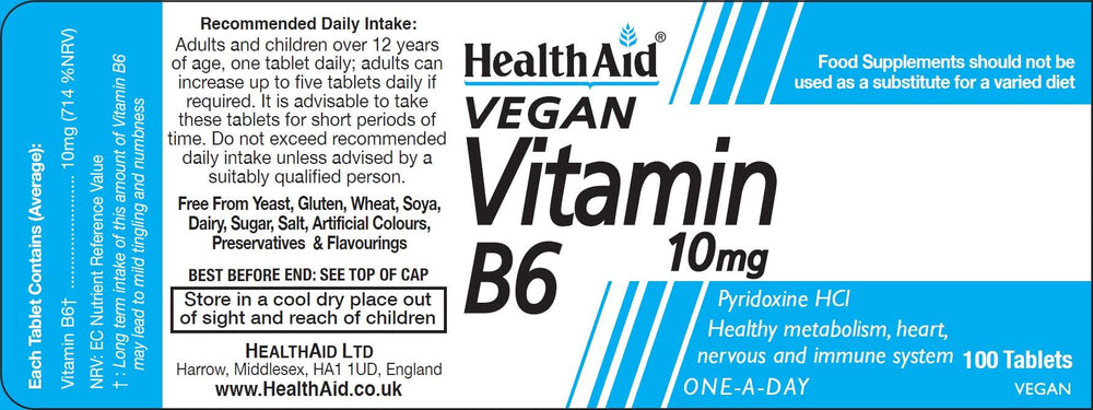HealthAid Vitamin B6 10mg tablets close-up for easy daily use