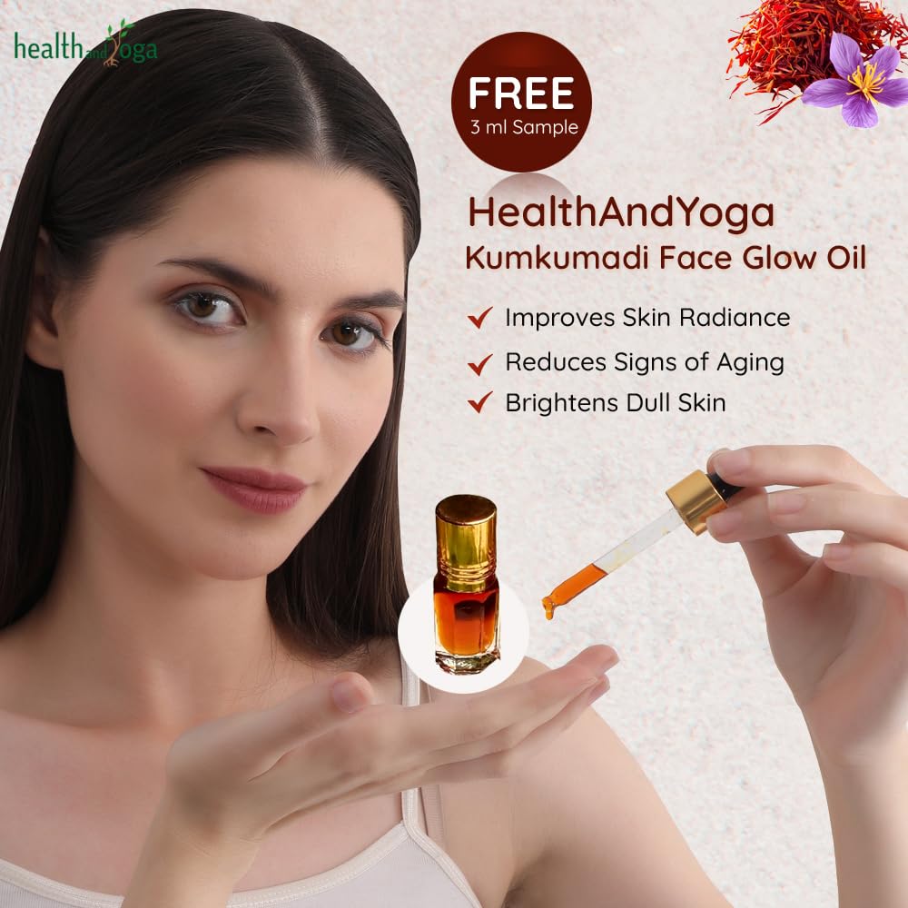 HealthAndYoga Kumkumadi oil usage notes suggest soothing facial massage benefits.