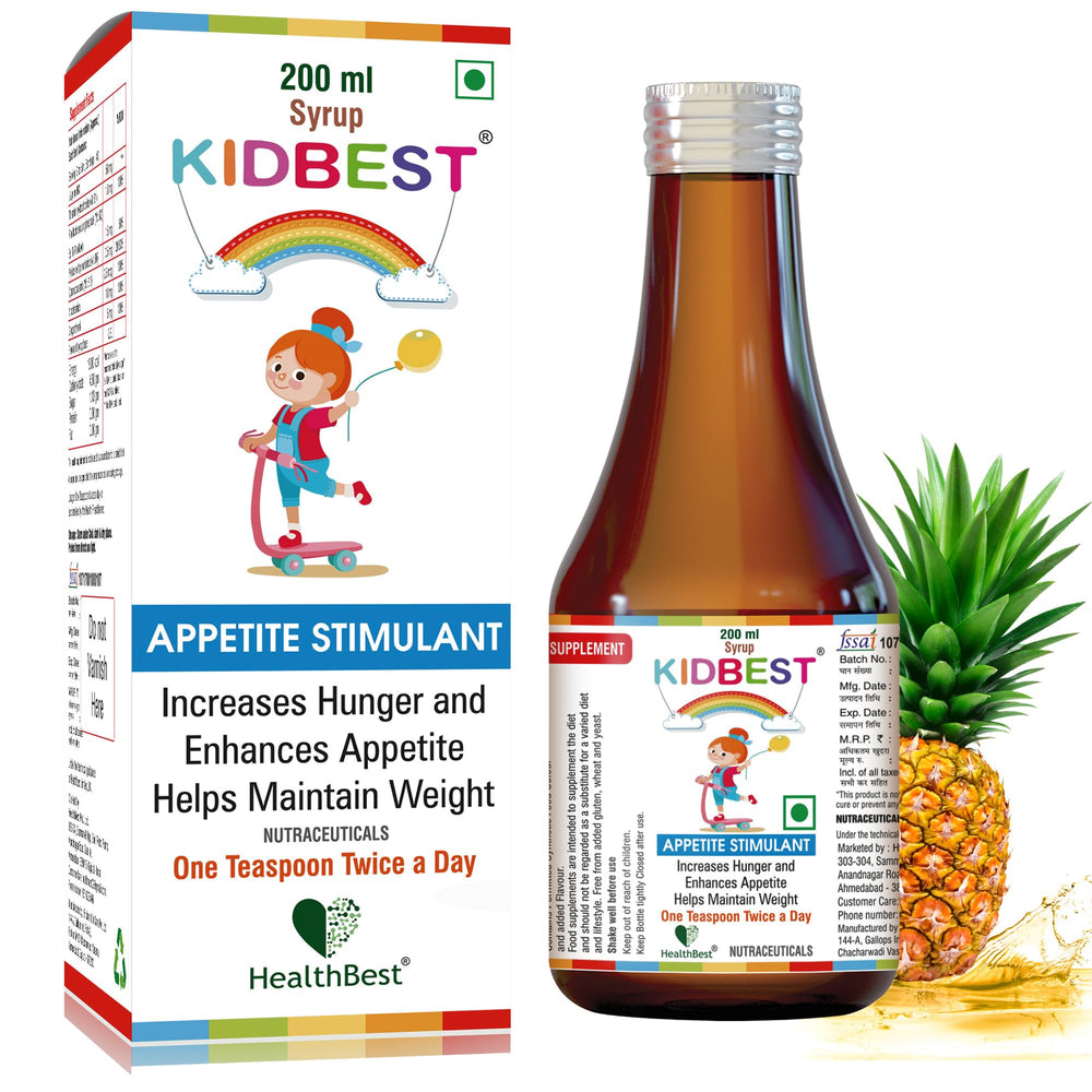 HealthBest Kidbest appetite syrup bottle for daily use supports growing kids.