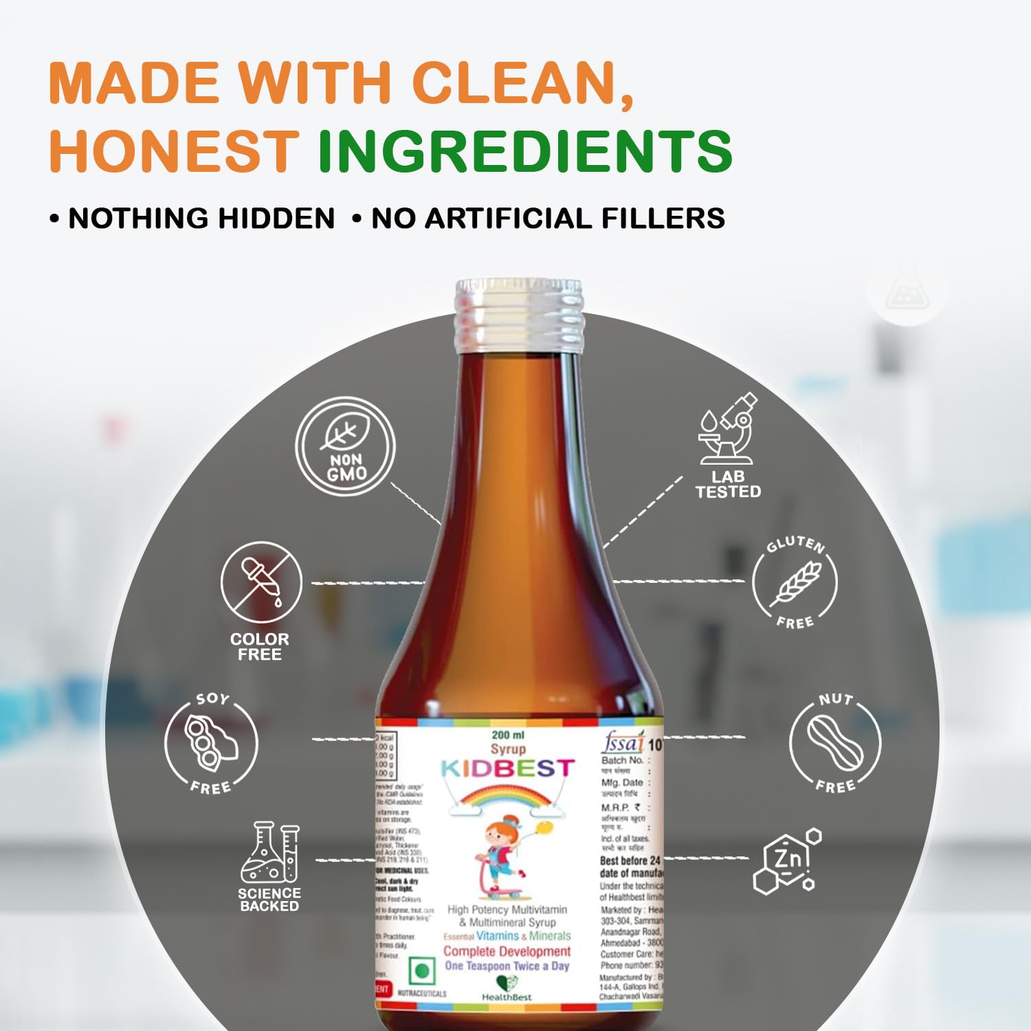 HealthBest Kidbest bottle on table ready for daily use.