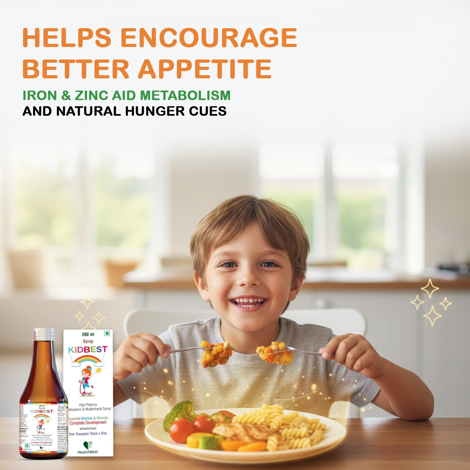 HealthBest Kidbest fruity flavor splash evokes tasty daily vitamins.