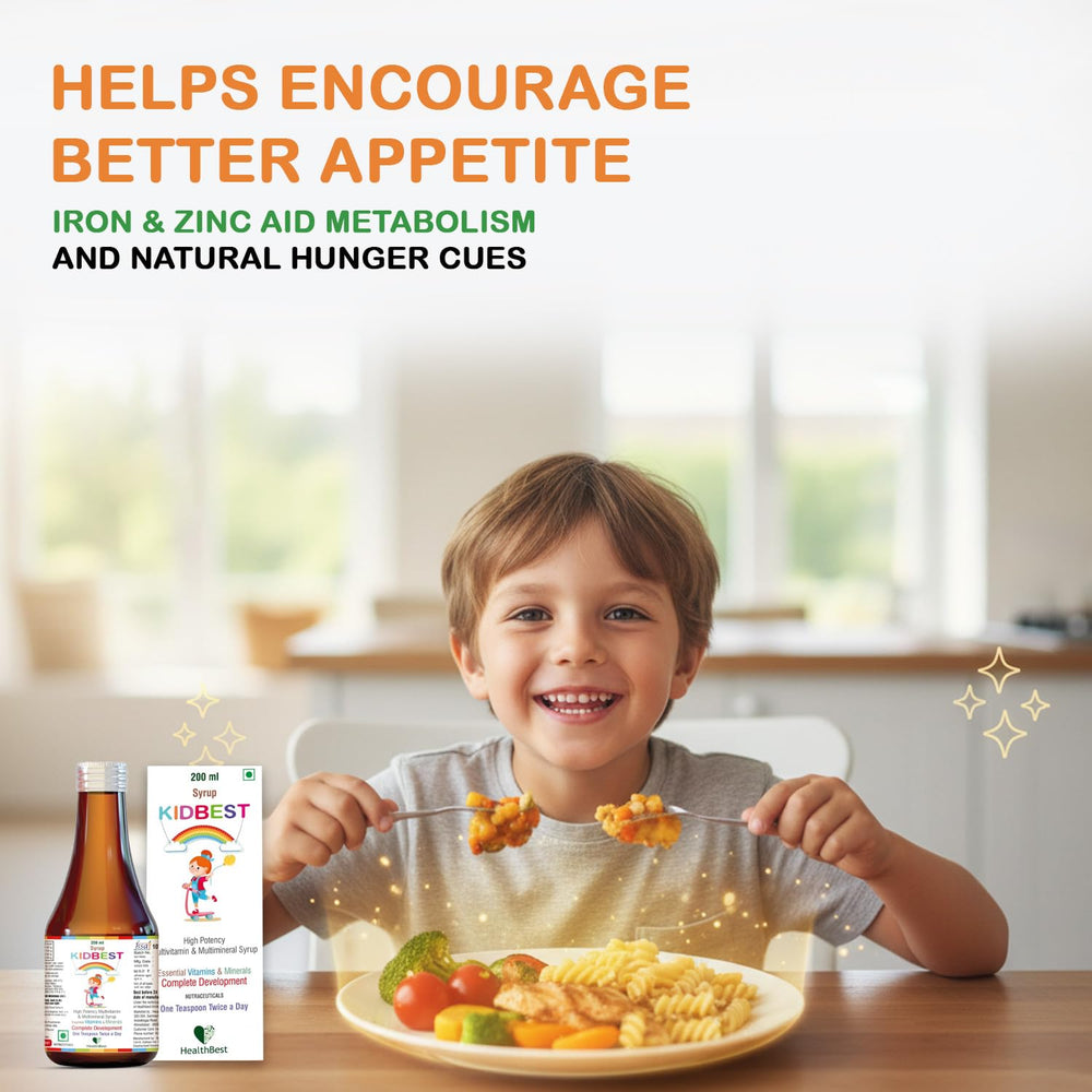 HealthBest Kidbest fruity flavor splash evokes tasty daily vitamins.