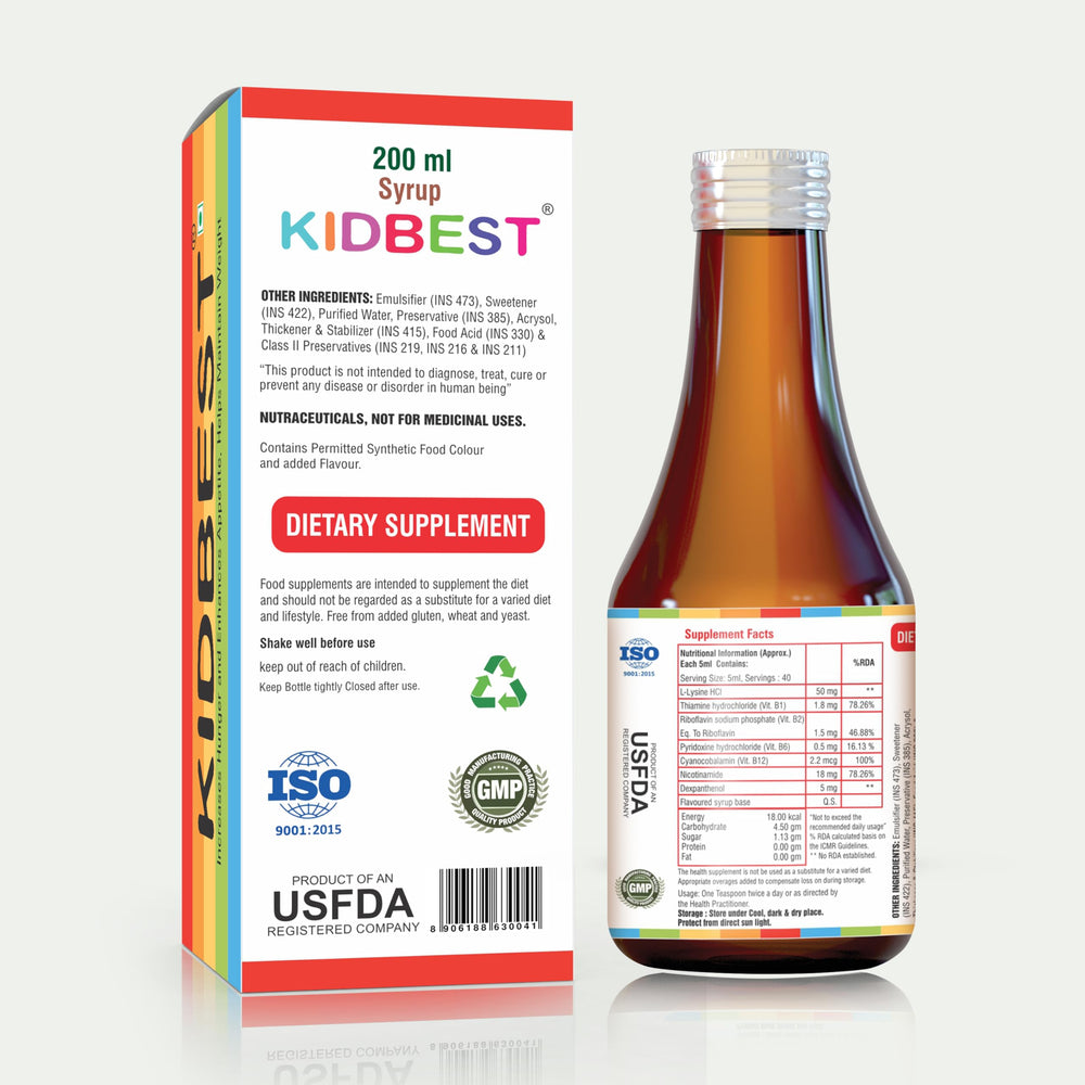 HealthBest Kidbest packaging and 200ml bottle showing convenient size.
