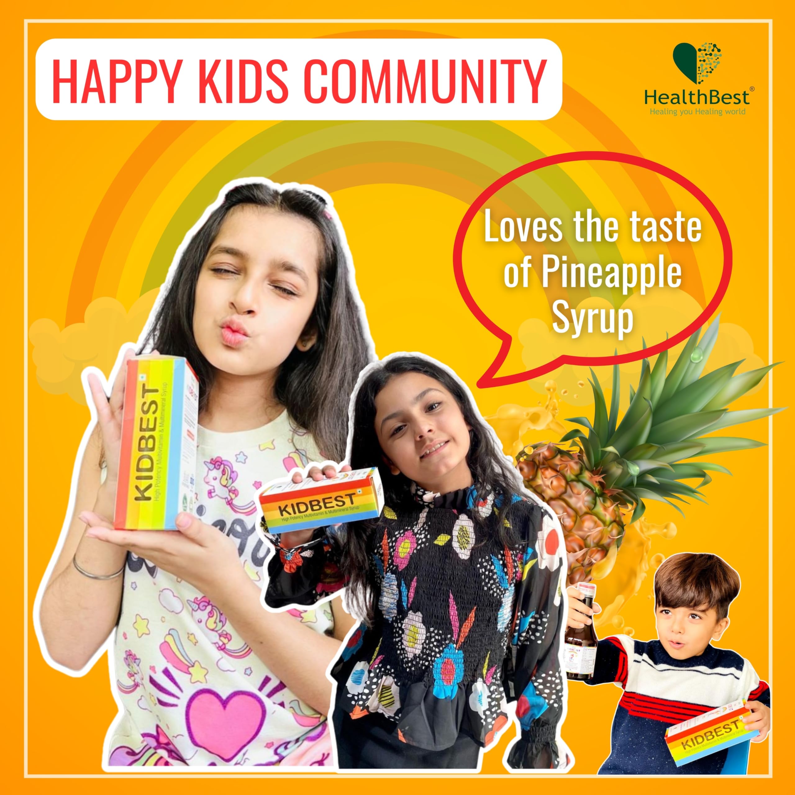 HealthBest Kidbest on a shelf with pineapple theme appealing to kids.