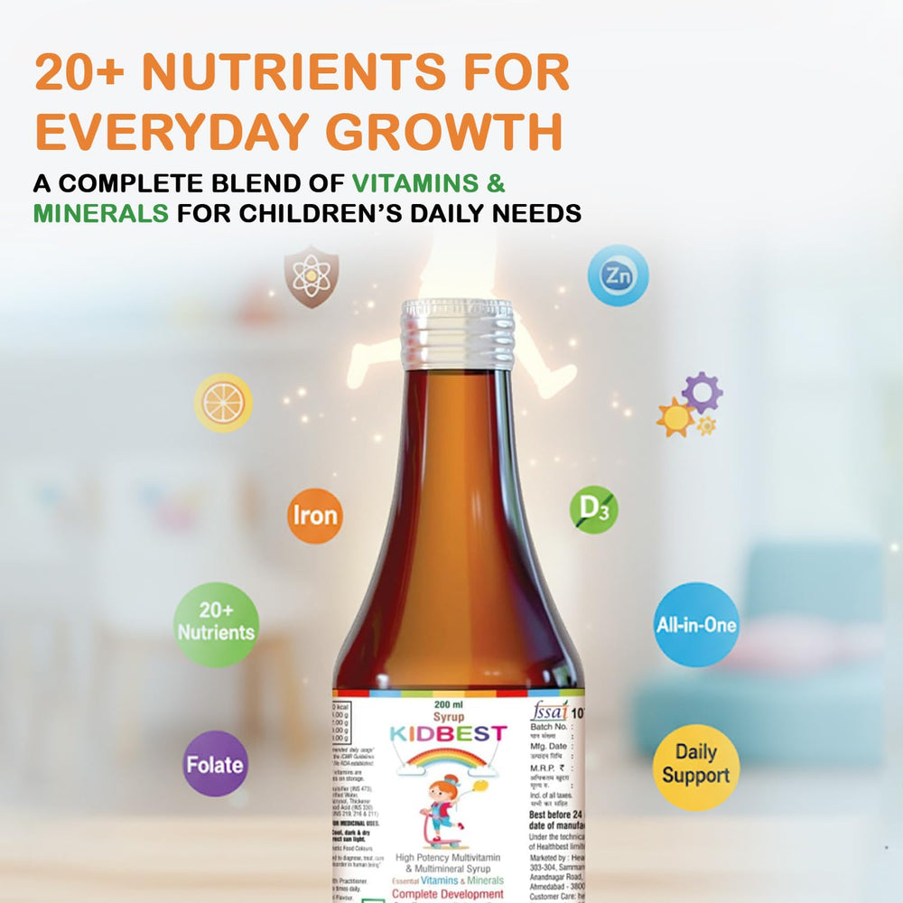 HealthBest Kidbest syrup label highlights 20 nutrients for kids.