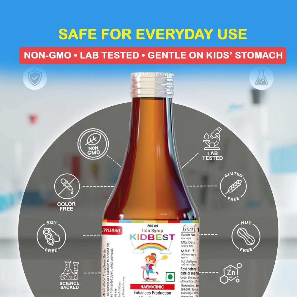 HealthBest Liquid Iron Syrup on a glass with the liquid ready for kids at mealtimes.