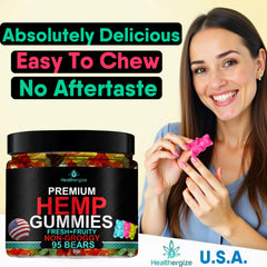Healthergize fruity gummies sample showcases easy chew and relaxing effects