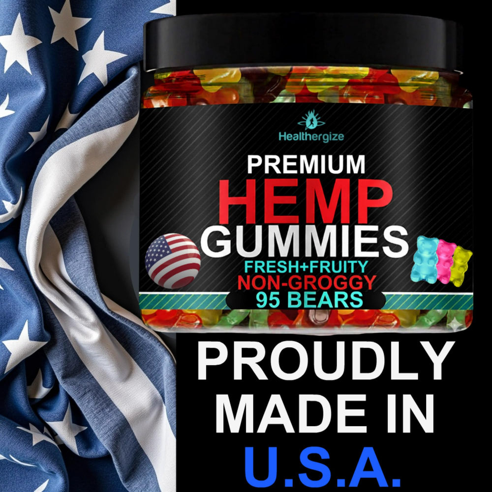 Healthergize glass bottle gummies closeup highlights fruity flavor and texture