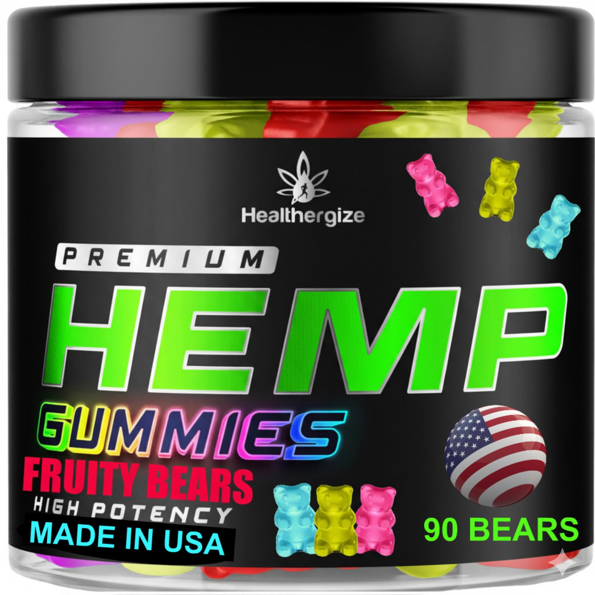Healthergize hemp gummies bottle close-up for daily calm.