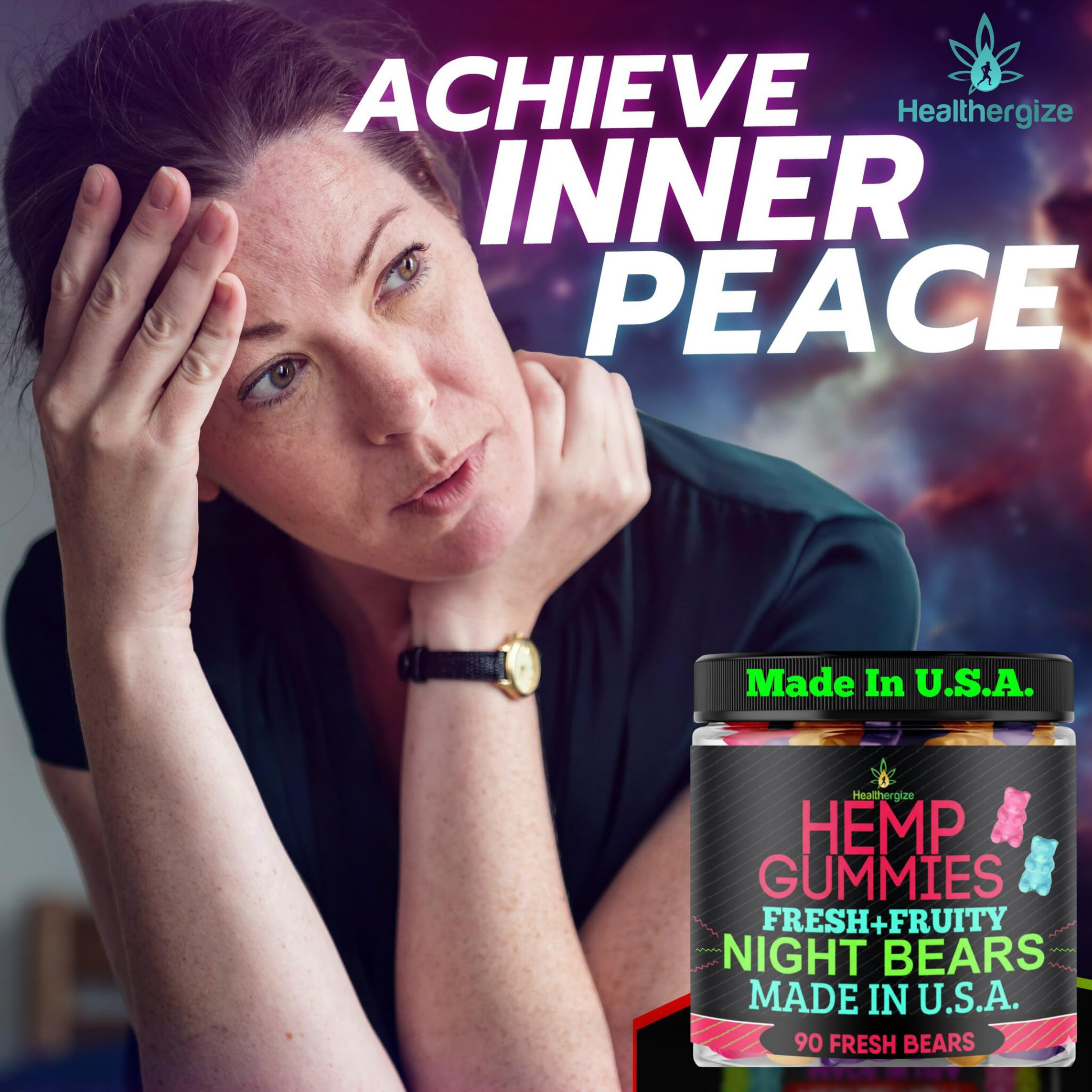 Healthergize hemp gummies bottle on dresser hints at easy nightly use.