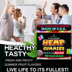 Healthergize hemp gummies close-up shows easy-to-chew texture and premium formula.