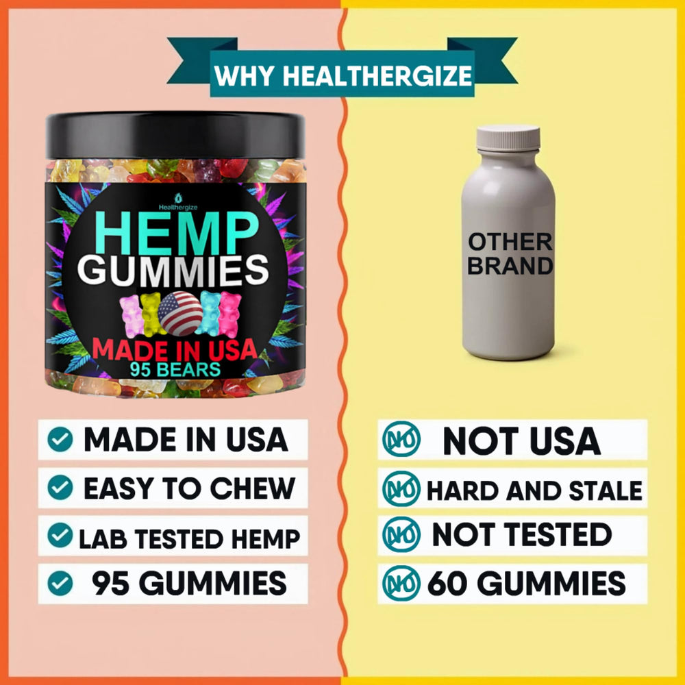 Healthergize hemp gummies closeup of gummy bears and vibrant texture.