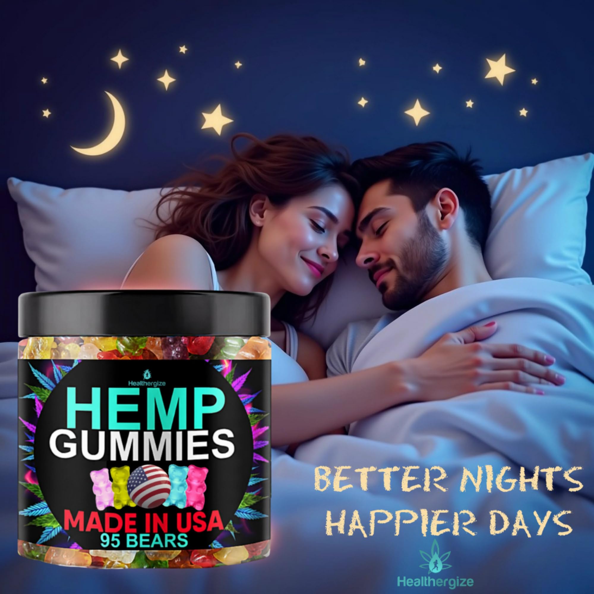 Healthergize hemp gummies fruity flavors closeup highlights tasty bears for a relaxing treat.