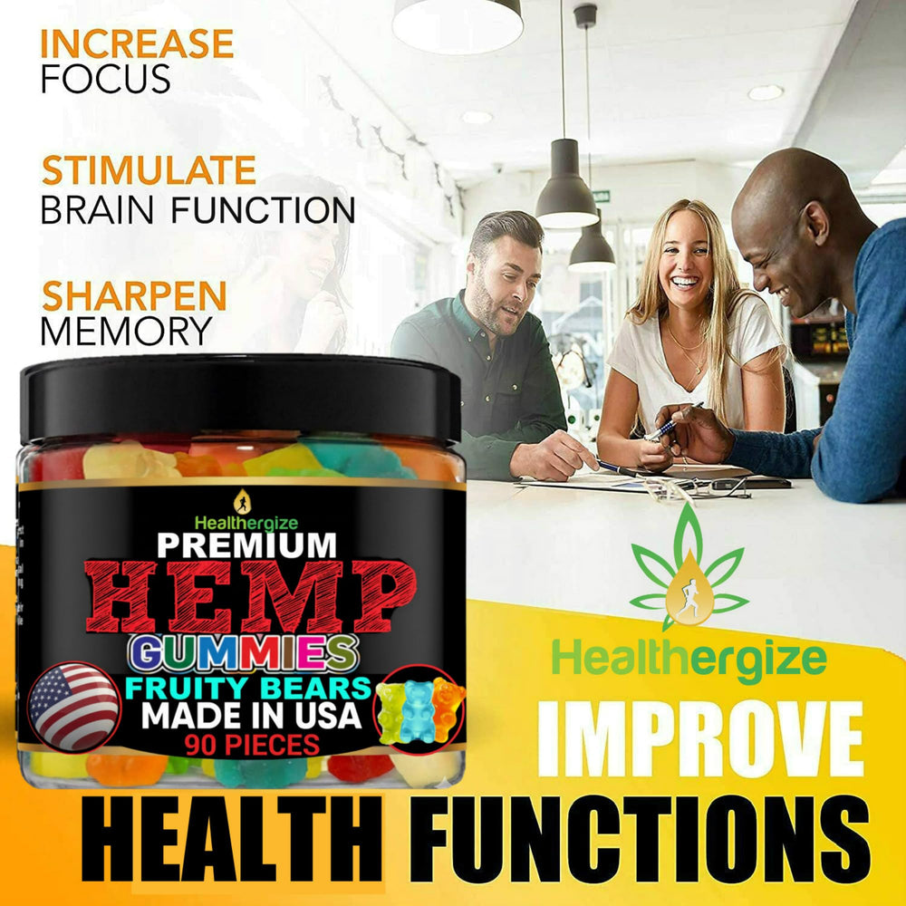 Healthergize hemp gummies fruity flavors visually emphasizing easy-to-chew texture and refreshing taste.