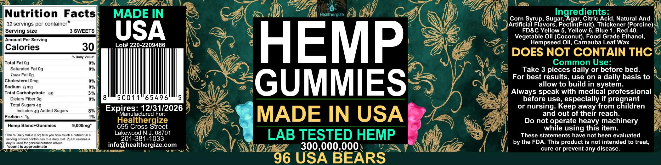 Healthergize hemp gummies ingredients label highlighting safety