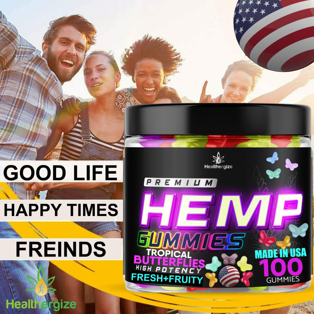 Healthergize hemp gummies label highlights USA-made quality and premium ingredients.