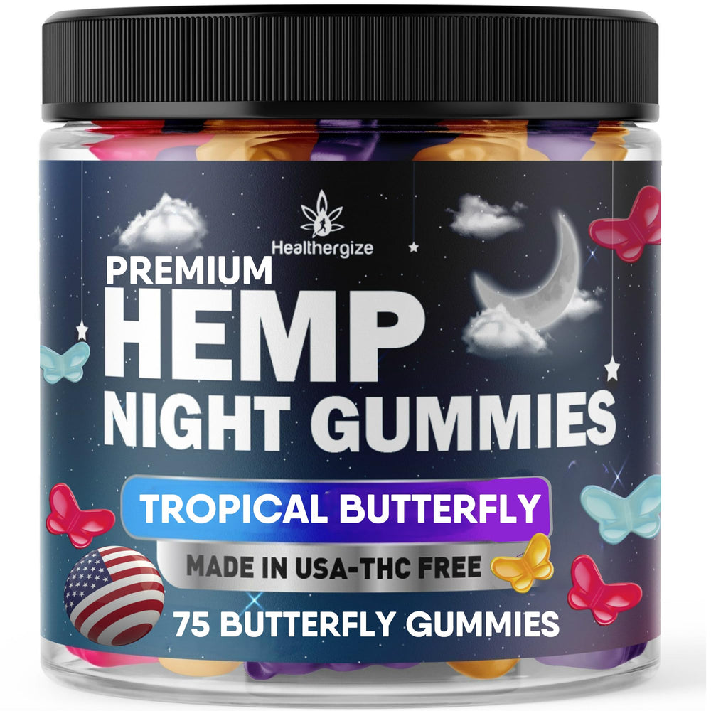 Healthergize Hemp Gummies Night Time bottle promoting calm evening routine