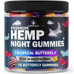 Healthergize Hemp Gummies Night Time bottle promoting calm evening routine