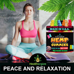 Healthergize hemp gummies on a nightstand highlighting non-habit forming relaxation.