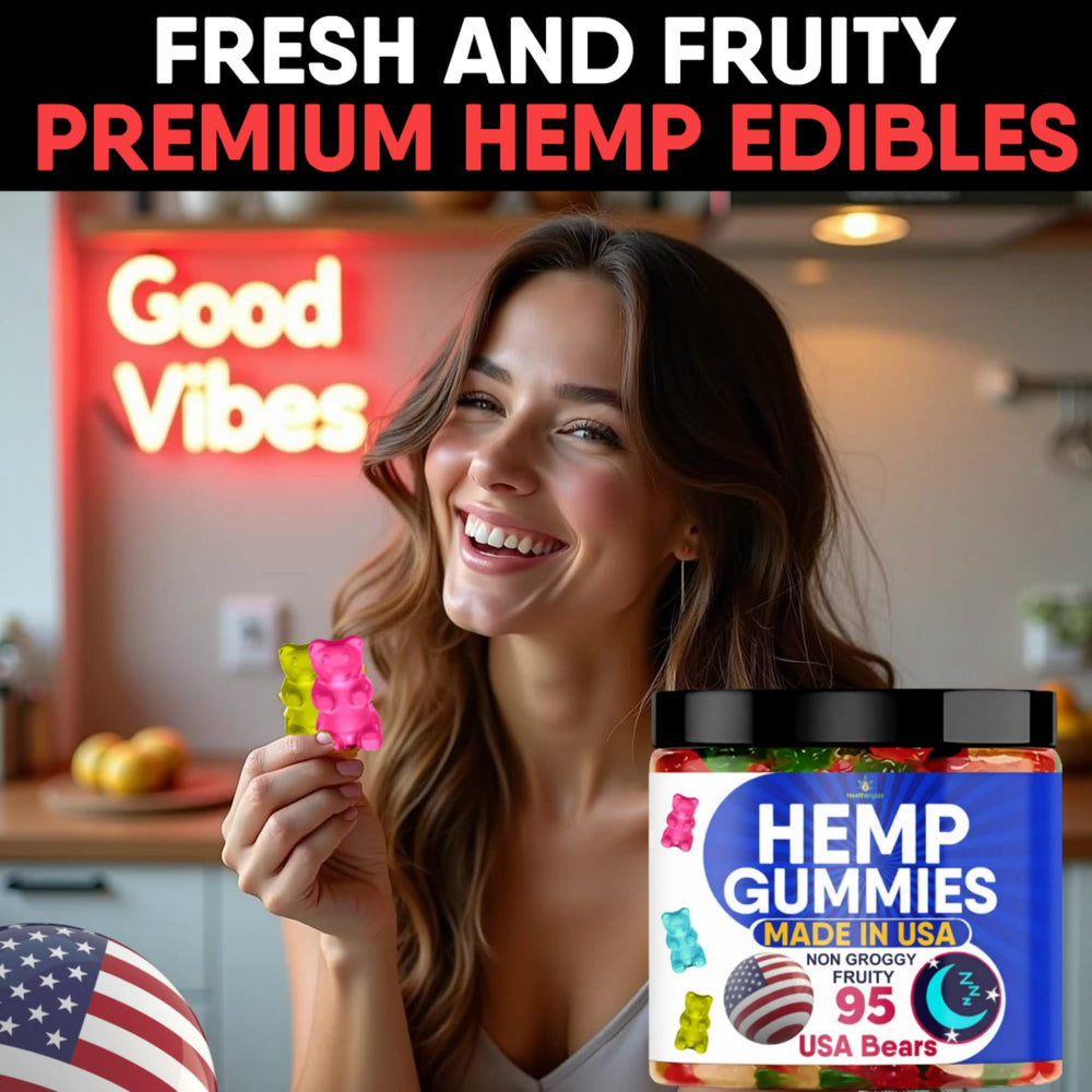 Healthergize hemp gummies in night routine setting for unwind.
