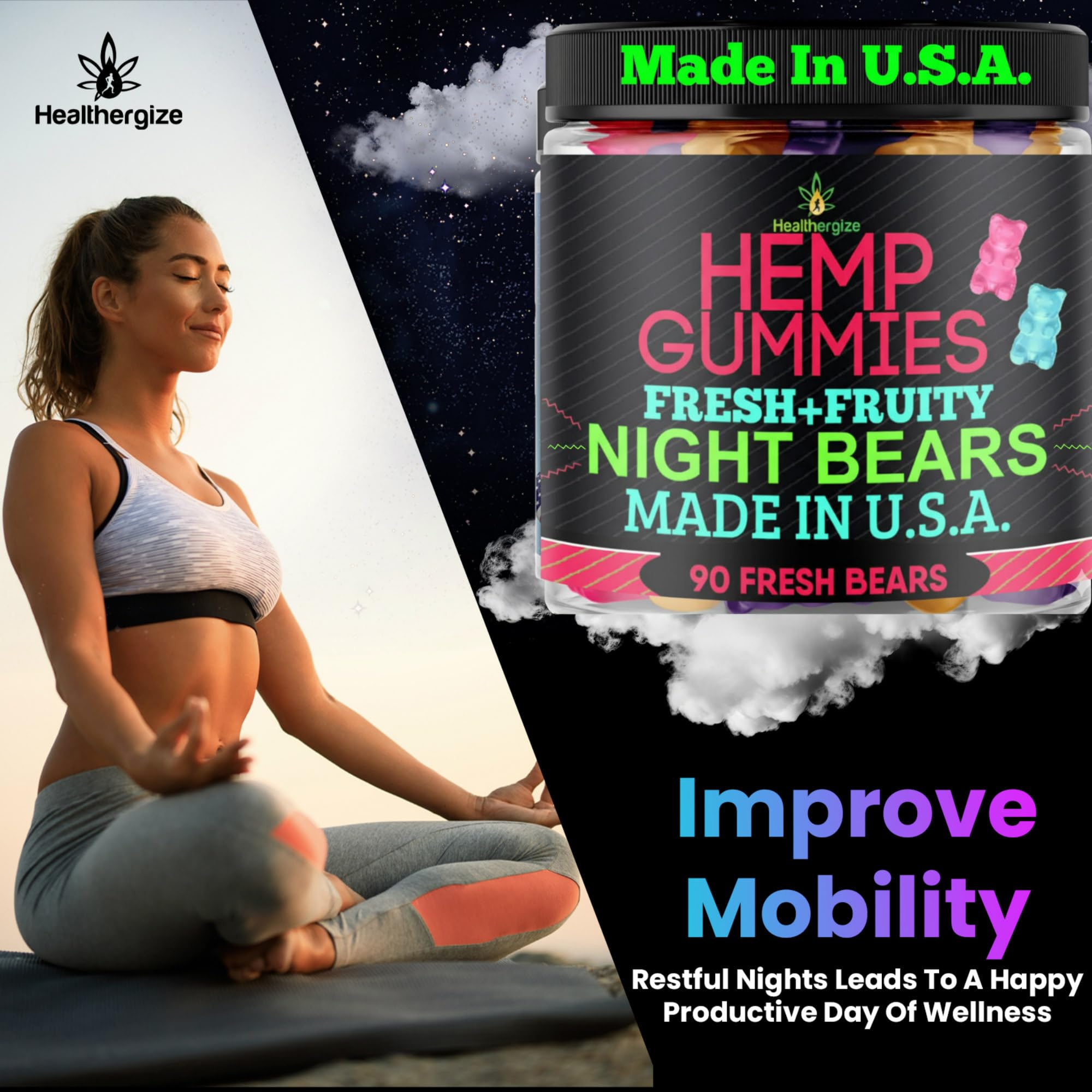 Healthergize hemp gummies omega blend graphic highlights added omega 3-6-9 benefits.