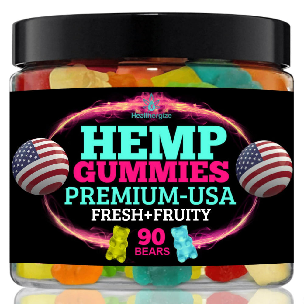 Healthergize hemp gummies relaxation bottle pour promotes calm and ease after a long day