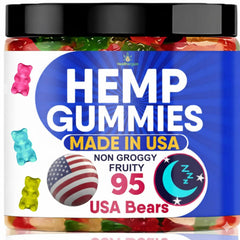 Healthergize hemp gummies bottle shows full calm formula for nightly relaxation.