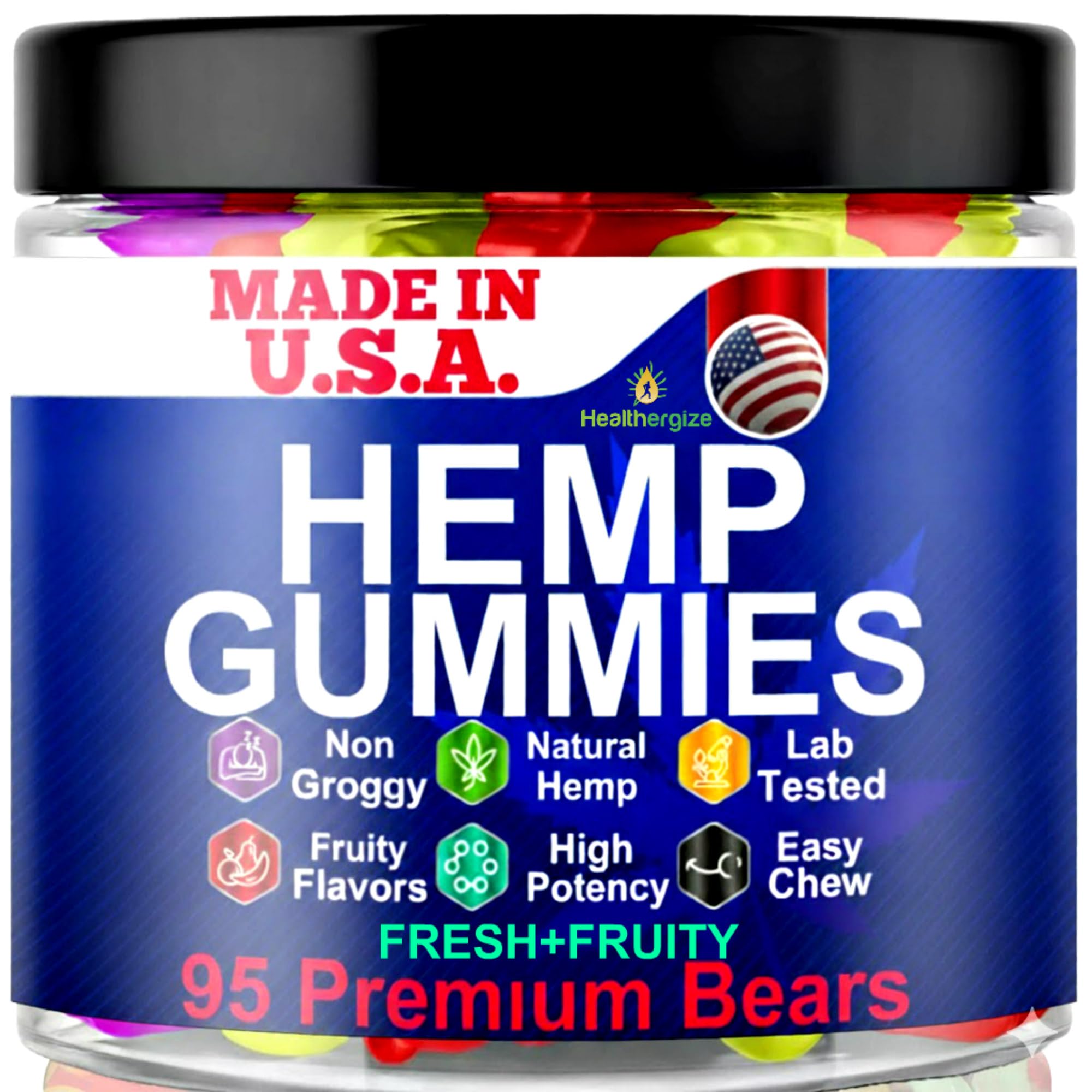 Healthergize Hemp Gummies Sleep Support packaging highlights USA-made quality and premium ingredients for peace of mind.