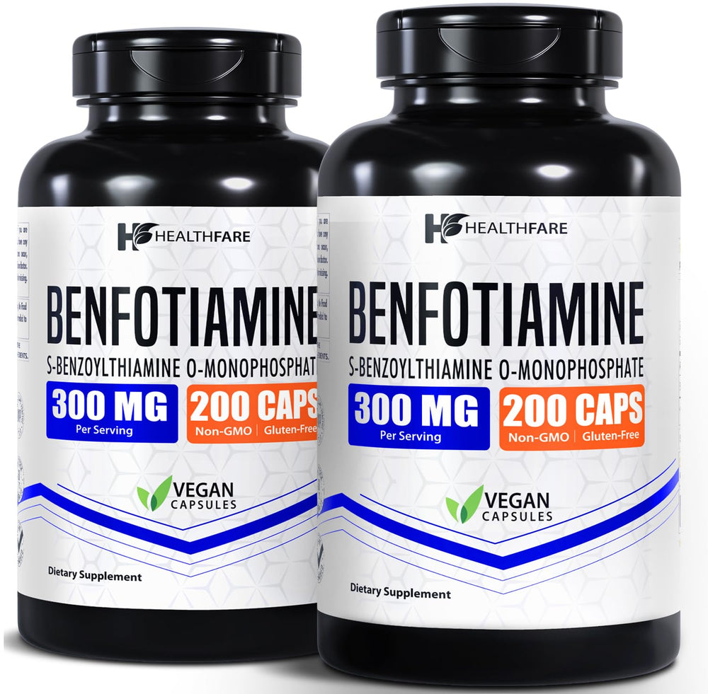 Healthfare Benfotiamine 300mg bottle on white surface highlighting fat-soluble vitamin B1 for absorption.