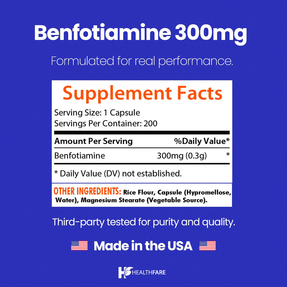 Healthfare Benfotiamine label detail showing non-GMO and gluten-free features.