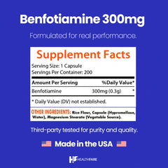 Healthfare Benfotiamine label detail showing non-GMO and gluten-free features.