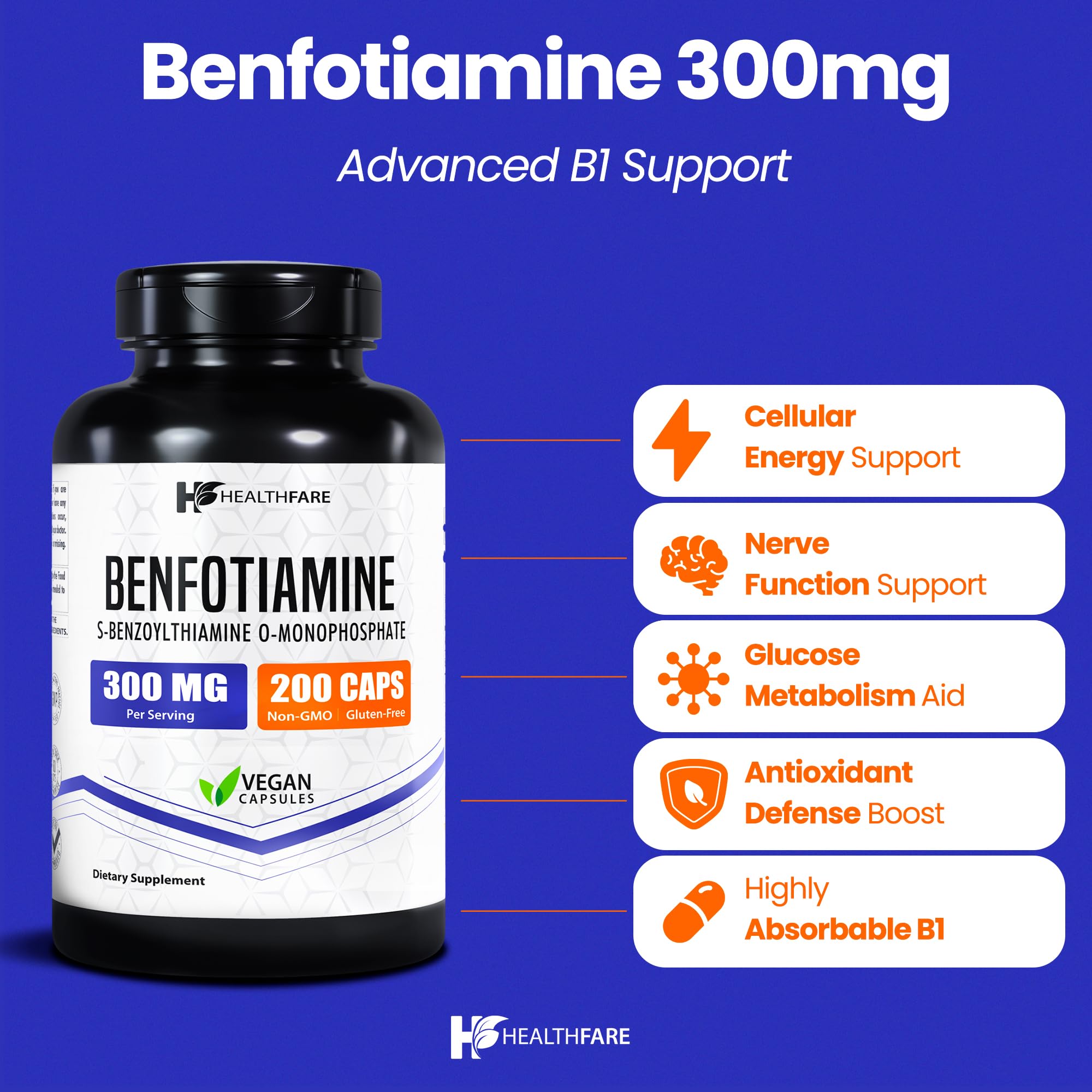 Healthfare Benfotiamine vegan capsules highlighting high bioavailability for daily use.