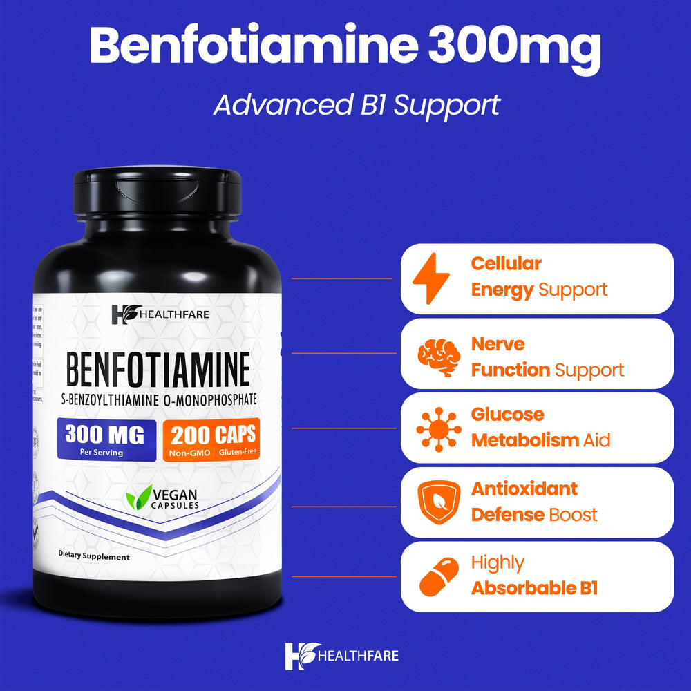 Healthfare Benfotiamine vegan capsules highlighting high bioavailability for daily use.