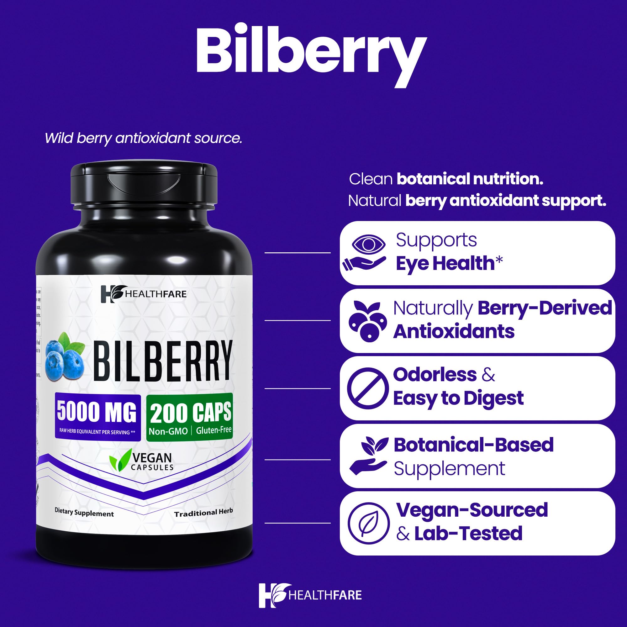 Close-up of Healthfare Bilberry capsules highlighting convenient daily use.
