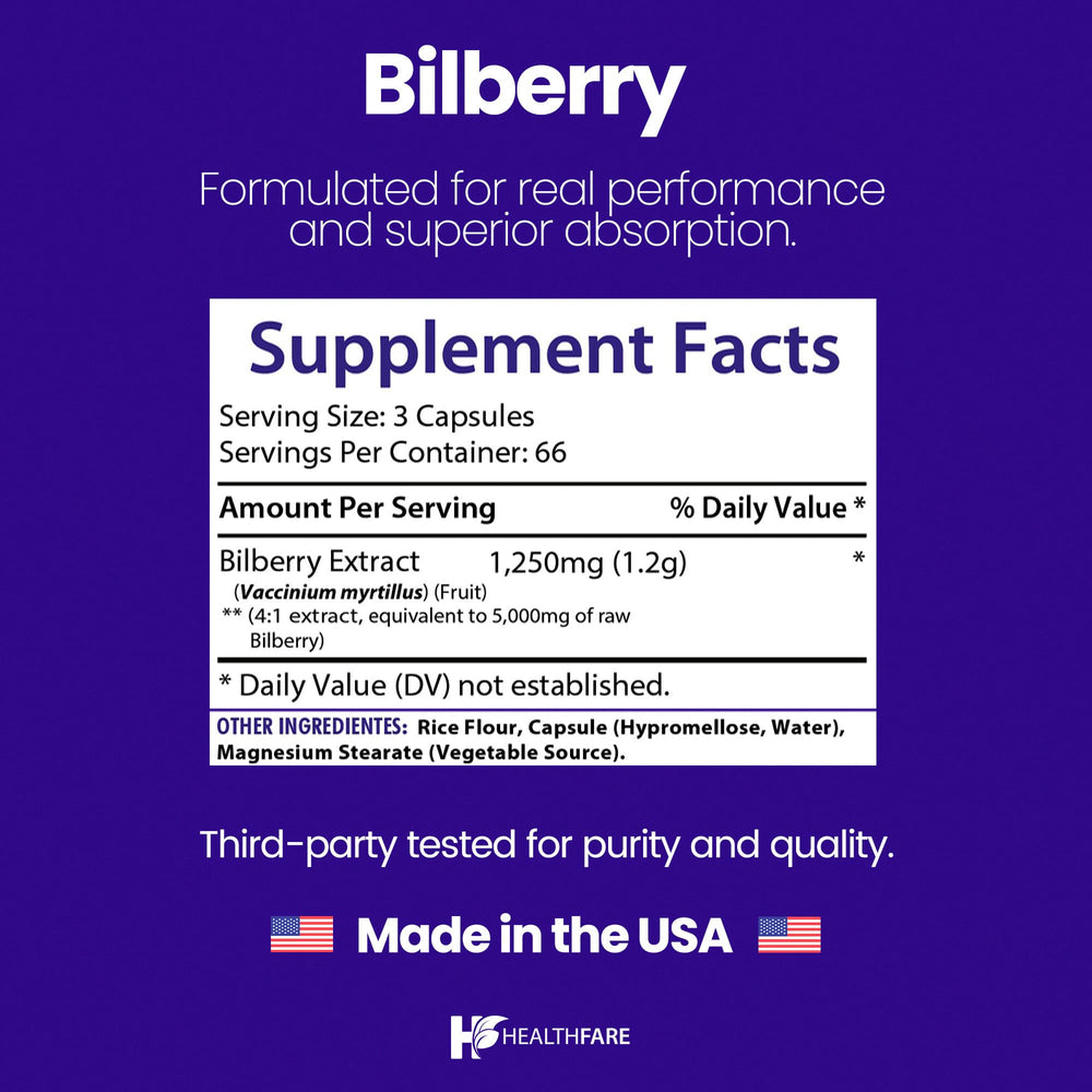 Healthfare Bilberry ingredients label emphasizing vegan, non-GMO, gluten-free formulation.