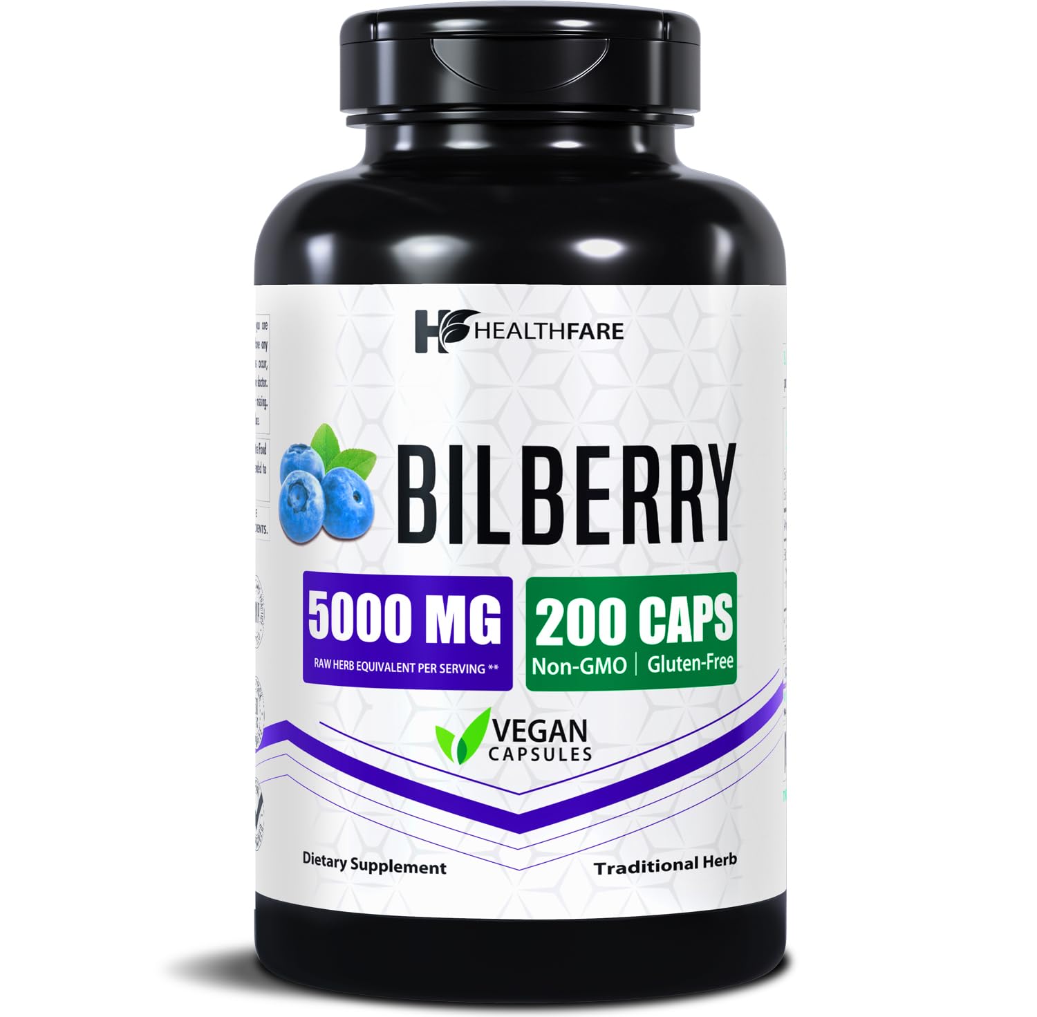 Healthfare Bilberry supplement bottle for daily eye support and antioxidant care.